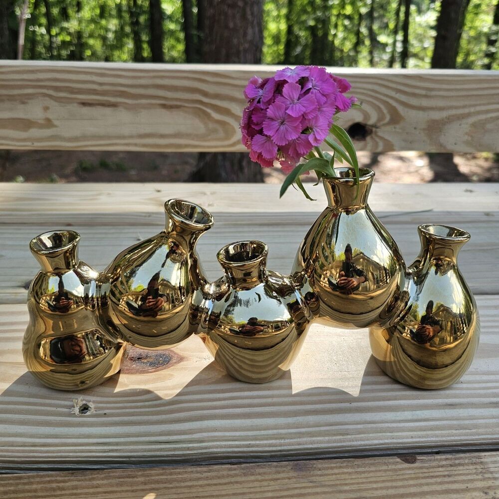 MCM Gold Bud Vase Set 5 Connected Gourd Shape Vases Hollywood Regency